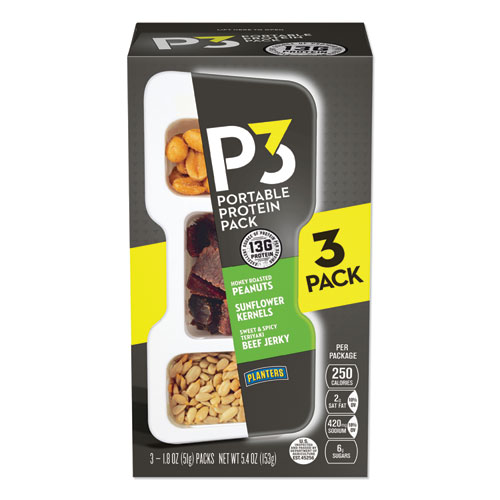 P3 Portable Protein Pack with Planters Peanuts, Honey Roasted Peanuts/Sweet and Spicy Teriyaki Jerky/Sunflower Kernels, 3/Pack