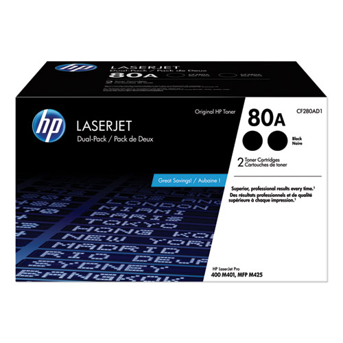 HP 80A, (CF280A-D) 2-Pack Black Original LaserJet Toner Cartridges