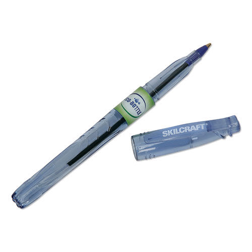 7520016827166 SKILCRAFT Recycled Water Bottle Ballpoint Pen, Stick, Fine 0.5 mm, Blue Ink, Clear Barrel, Dozen