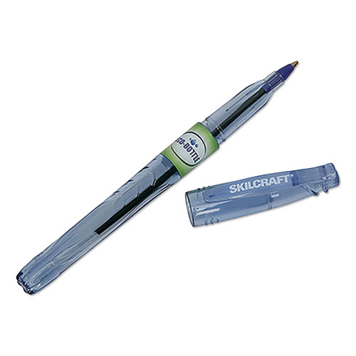 7520016827163 SKILCRAFT Recycled Water Bottle Ballpoint Pen, Stick, Medium 0.7 mm, Blue Ink, Clear Barrel, Dozen