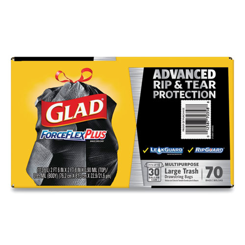 Image of Glad® Forceflexplus Drawstring Large Trash Bags, 30 Gal, 1.05 Mil, 30" X 32", Black, 70/Box