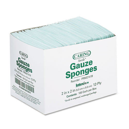 Caring Woven Gauze Sponges, Sterile, 12-Ply, 2 x 2, 2,400/Carton