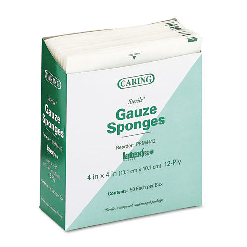 Image of Caring Woven Gauze Sponges, Sterile, 12-Ply, 4 x 4, 1,200/Carton