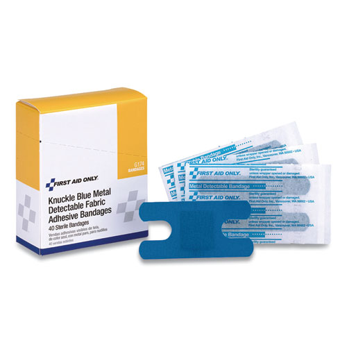 Image of First Aid Only™ Blue Metal Detectable Fabric Adhesive Bandages, Four-Wing Knuckle, 1.5 X 3, 40/Box