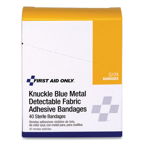 Image of First Aid Only™ Blue Metal Detectable Fabric Adhesive Bandages, Four-Wing Knuckle, 1.5 X 3, 40/Box