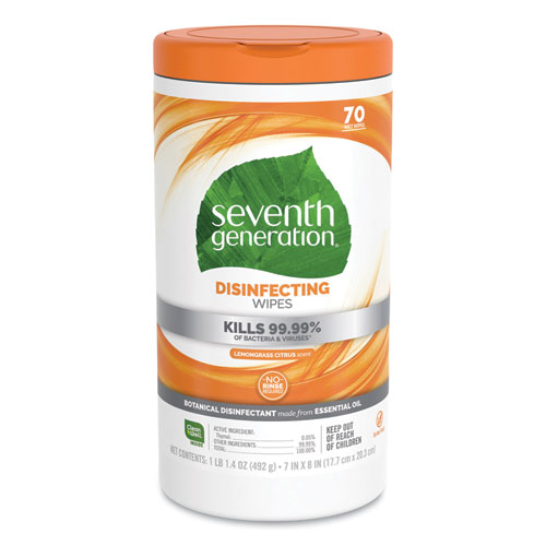 Seventh Generation® Botanical Disinfecting Wipes, 7 x 8, Lemongrass Citrus, 70 Count, 6/Carton