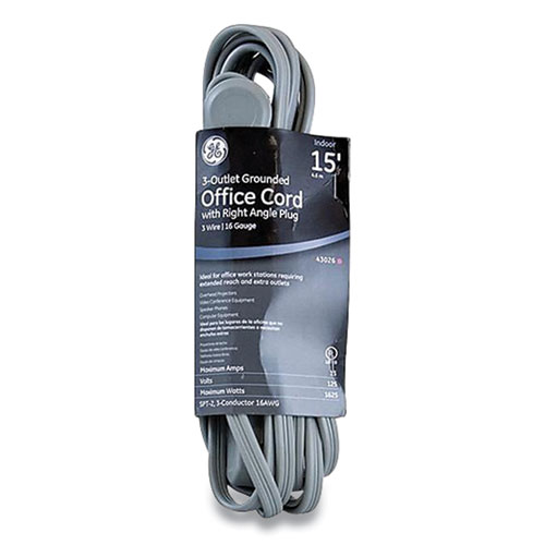 Three Outlet Power Strip, 15 ft Cord, Gray