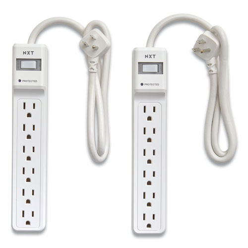 Surge Protector, 6 AC Outlets, 2.5 ft Cord, 500 J, White, 2/Pack