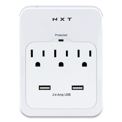 Wall-Mount Surge Protector, 3 AC Outlets, 2 USB Ports, 600 J, White