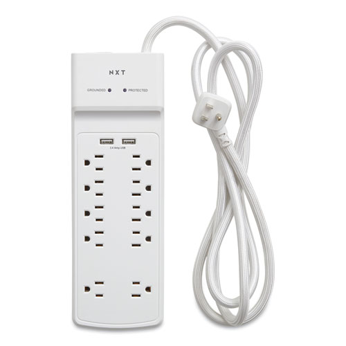Image of Surge Protector, 10 AC Outlets/2 USB Ports, 6 ft Cord, 3,000 J, White
