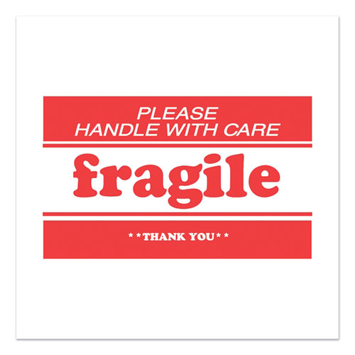 Pre-Printed Message Labels, Fragile-Please Handle with Care-Thank You, 2 x 3, White/Red, 500/Roll
