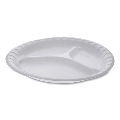 Placesetter Satin Non-Laminated Foam Dinnerware, 3-Compartment Plate, 10.25" dia, White, 540/Carton