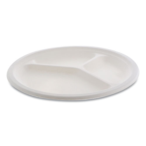 Pactiv Evergreen EarthChoice Compostable Fiber-Blend Bagasse Dinnerware, 3-Compartment Plate, 10" dia, Natural, 500/Carton