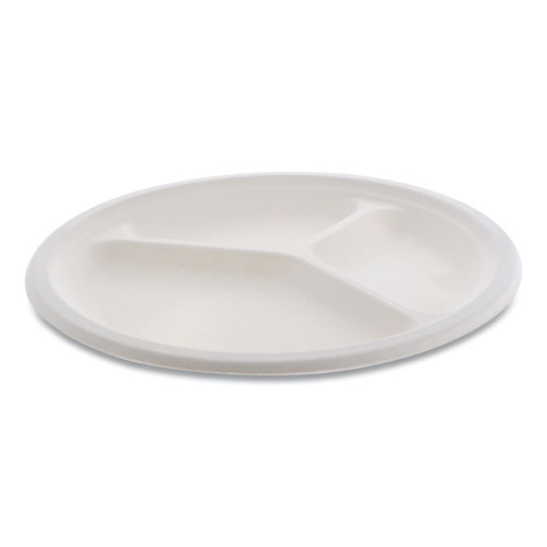 EarthChoice Compostable Fiber-Blend Bagasse Dinnerware, 3-Compartment Plate, 10" dia, Natural, 500/Carton