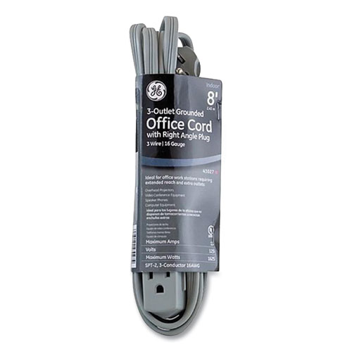 Three Outlet Power Strip, 8 ft Cord, Gray