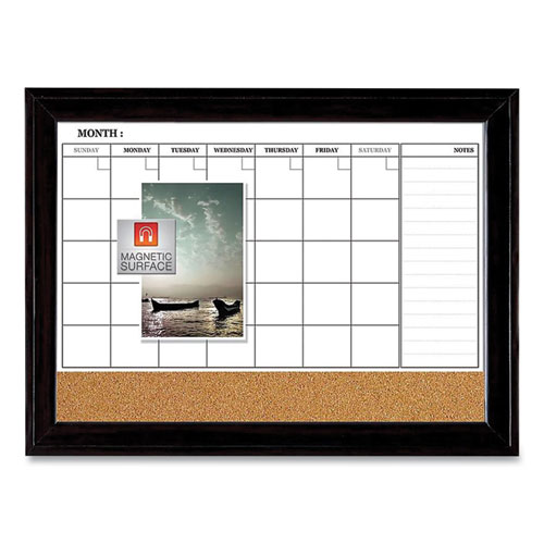 Magnetic Combination Dry Erase Calendar/Cork Board, 35 x 23, Tan/White Surface, Black Wood Frame