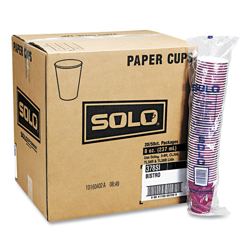 Image of Solo® Paper Hot Drink Cups In Bistro Design, 10 Oz, Maroon, 1,000/Carton