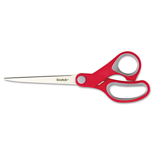 Image of Multi-Purpose Scissors, Pointed Tip, 7" Long, 3.38" Cut Length, Gray/Red Straight Handle