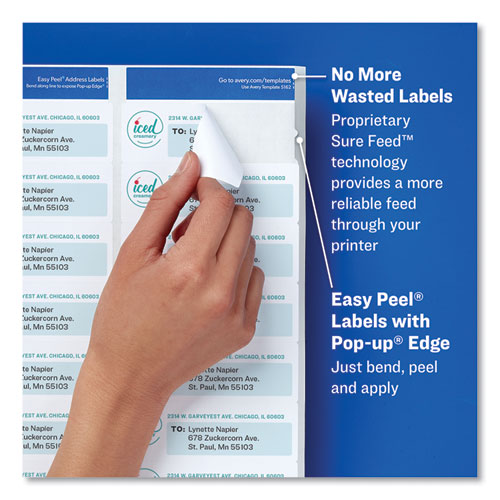Image of Easy Peel White Address Labels w/ Sure Feed Technology, Laser Printers, 1.33 x 4, White, 14/Sheet, 100 Sheets/Box