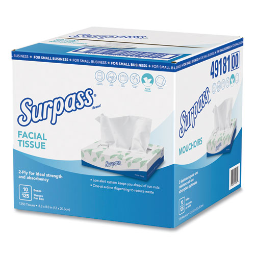 Image of Surpass® Facial Tissue, 2-Ply, White, Flat Box, 125/Box, 10 Boxes/Carton