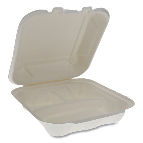 EARTHCHOICE BAGASSE HINGED LID CONTAINER, 7.8 X 7.8 X 2.8, 3-COMPARTMENT, NATURAL, 150/CARTON