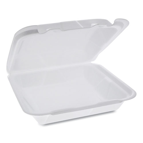 FOAM HINGED LID CONTAINERS, DUAL TAB LOCK HAPPY FACE, 8 X 7.75 X 2.25, 1-COMPARTMENT, WHITE, 200/CARTON