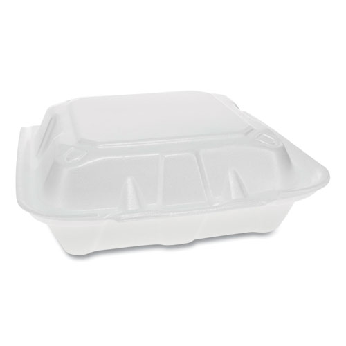 FOAM HINGED LID CONTAINERS, DUAL TAB LOCK ECONOMY, 8.42 X 8.15 X 3, 3-COMPARTMENT, WHITE, 150/CARTON