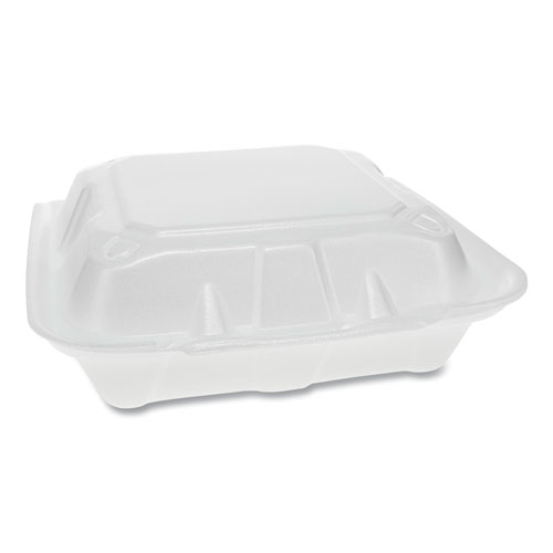 Pactiv Evergreen Vented Foam Hinged Lid Container, Dual Tab Lock, 3-Compartment, 8.42 x 8.15 x 3, White, 150/Carton