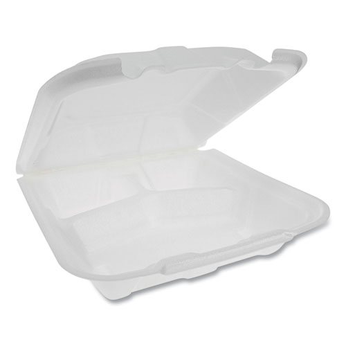 FOAM HINGED LID CONTAINERS, DUAL TAB LOCK ECONOMY, 9.13 X 9 X 3.25, 3-COMPARTMENT, WHITE, 150/CARTON
