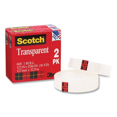 Transparent Tape, 1" Core, 0.5" x 36 yds, Crystal Clear, 2/Pack