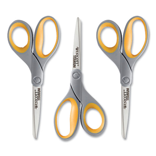 Image of Titanium Bonded Scissors, 8" Long, 3.5" Cut Length, Gray/Yellow Straight Handle, 3/Box
