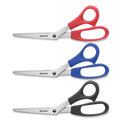 Image of Westcott® All Purpose Value Stainless Steel Scissors Three Pack, 8" Long, 3" Cut Length, Assorted Color Offset Handles, 3/Pack