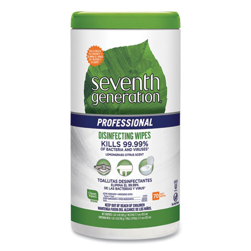 Seventh Generation® Professional Disinfecting Multi-Surface Wipes, 8 x 7, Lemongrass Citrus, 70/Canister