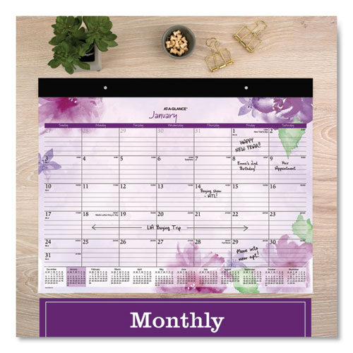 Image of At-A-Glance® Beautiful Day Desk Pad Calendar, Floral Artwork, 21.75 X 17, Assorted Color Sheets, Black Binding, 12-Month (Jan-Dec): 2024