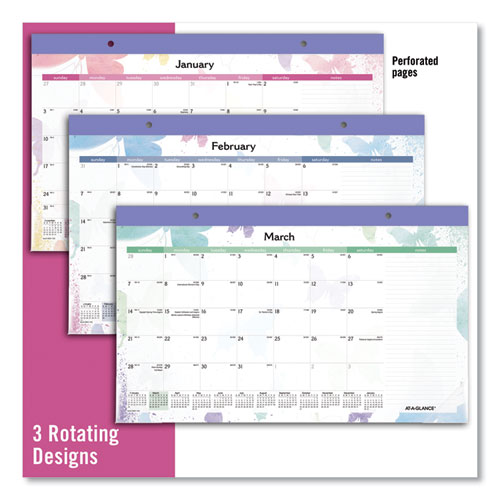 Image of At-A-Glance® Watercolors Monthly Desk Pad Calendar, Watercolor Artwork, 17.75 X 11, White Sheets, Purple Binding, 12-Month (Jan-Dec): 2024