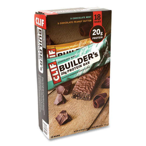 CLIF® Bar Builders Protein Bar, Chocolate Mint/Chocolate Peanut Butter, 2.4 oz Bar, 18 Bars/Box, Ships in 1-3 Business Days