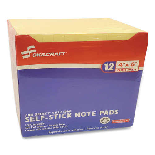 7530012858355 SKILCRAFT Self-Stick Note Pads, 4 x 6, Unruled, Yellow, 100 Sheets, 1/DZ