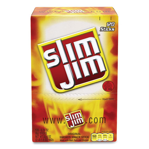Image of Slim Jim® Beef Jerky Meat Sticks Original, 0.28 Oz Stick, 120 Sticks/Box, Ships In 1-3 Business Days