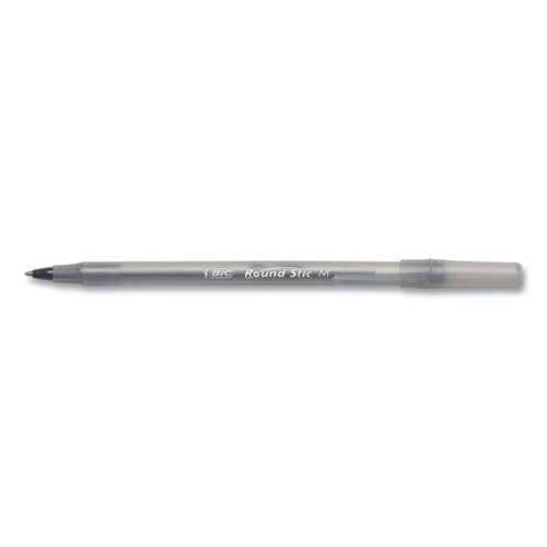 Round Stic Xtra Life Ballpoint Pen, Stick, Medium 1 mm, Black Ink, Smoke Barrel, 10/Pack