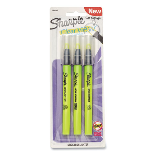 Clearview Pen-Style Highlighter, Fluorescent Yellow Ink, Chisel Tip, Yellow/Black/Clear Barrel, 3/Pack