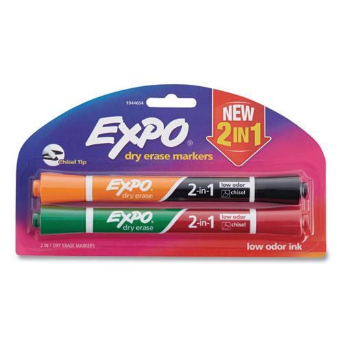 Expo® 2-In-1 Dry Erase Markers, Medium Chisel Tip, Assorted Colors, 2/Pack