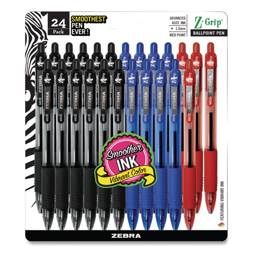 Z-Grip Ballpoint Pen, Retractable, Medium 1 mm, Assorted Ink and Barrel Colors, 24/Pack