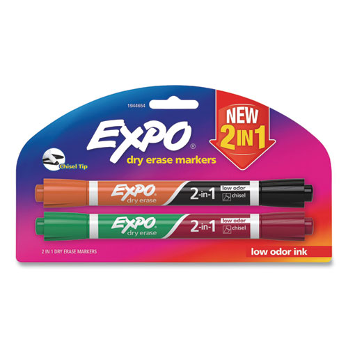 Image of Expo® 2-In-1 Dry Erase Markers, Medium Chisel Tip, Assorted Colors, 2/Pack