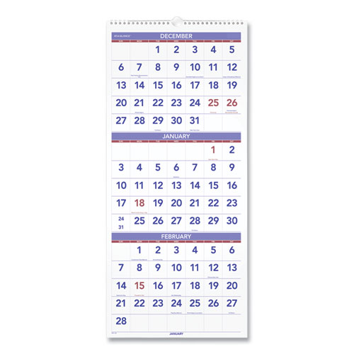 Image of Deluxe Three-Month Reference Wall Calendar, Vertical Orientation, 12 x 27, White Sheets, 14-Month (Dec to Jan): 2022 to 2024