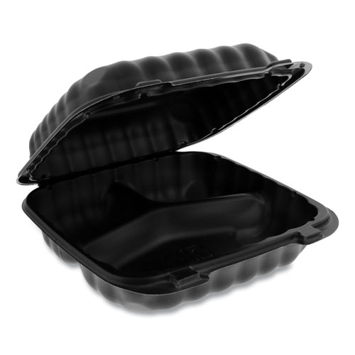 EarthChoice SmartLock Microwavable MFPP Hinged Lid Container, 3-Compartment, 8.3 x 8.3 x 3.4, Black, 200/Carton