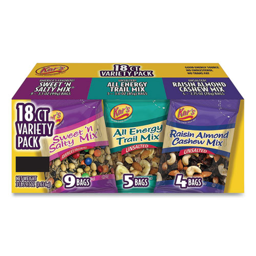 Image of Kar'S Trail Mix Variety Pack, Assorted Flavors, 18 Packets/Carton, Ships In 1-3 Business Days