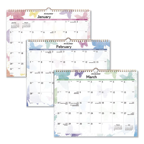 Image of At-A-Glance® Watercolors Recycled Monthly Wall Calendar, Watercolors Artwork, 15 X 12, White/Multicolor Sheets, 12-Month (Jan-Dec): 2024