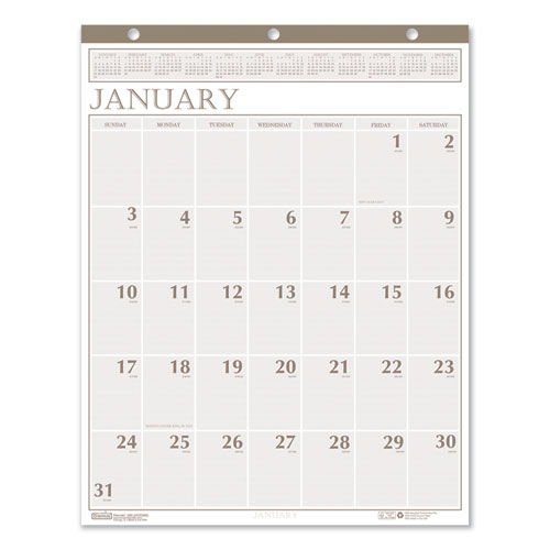 RECYCLED LARGE PRINT MONTHLY WALL CALENDAR, LEATHERETTE BINDING, 20 X 26, 2021