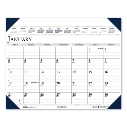 Executive Monthly Desk Pad Calendar, 24 x 19, White/Blue Sheets, Blue Corners, 12-Month (Jan to Dec): 2023