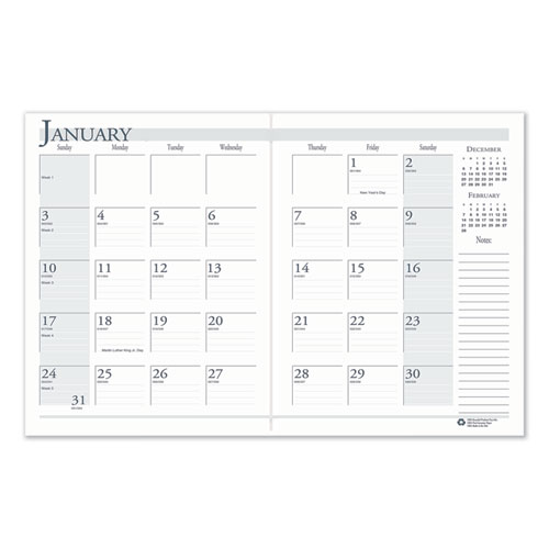 Recycled Ruled Planner with Stitched Leatherette Cover, 11 x 8.5, Black, 2022-2024